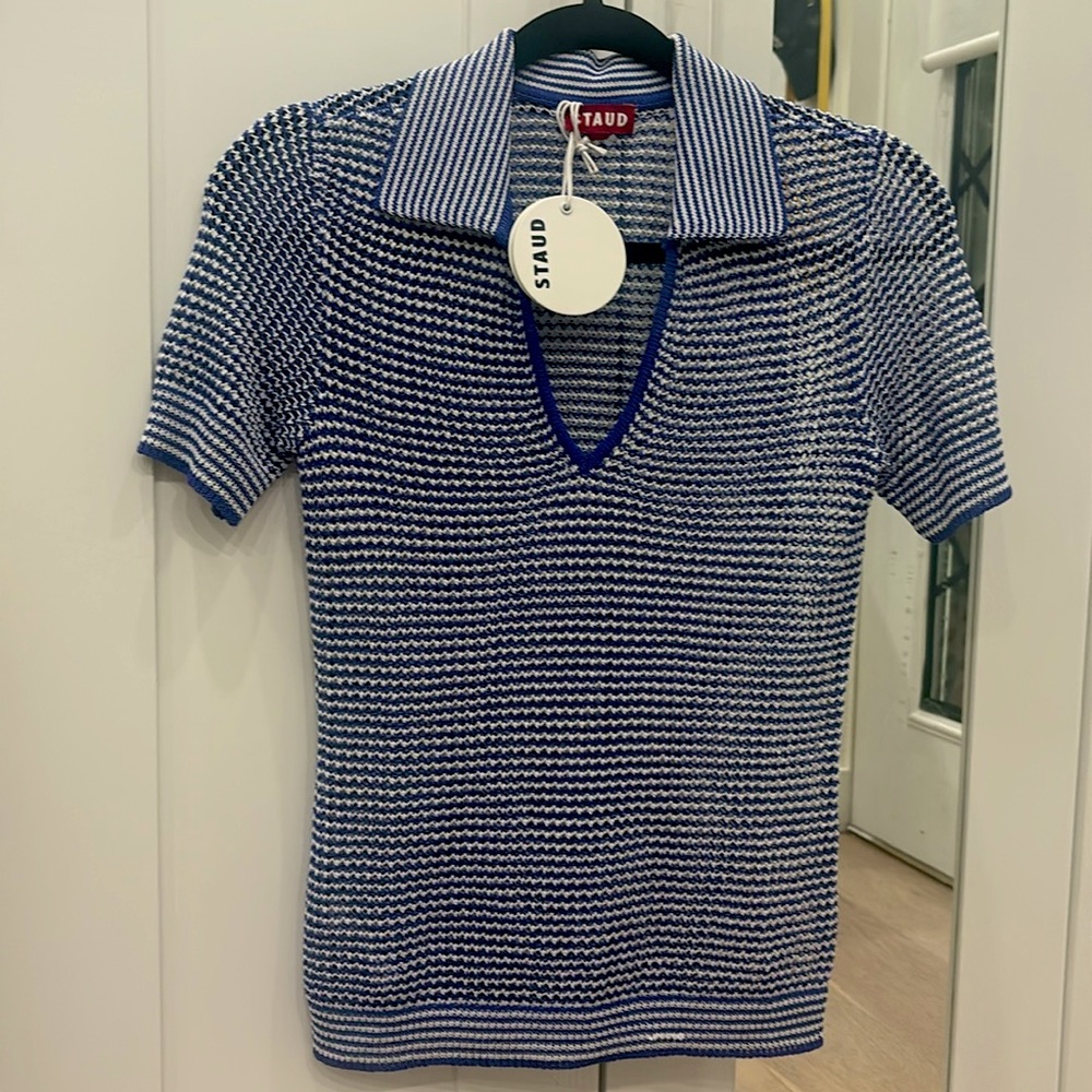 Staud Collared Shirt Blue and White Stripes
